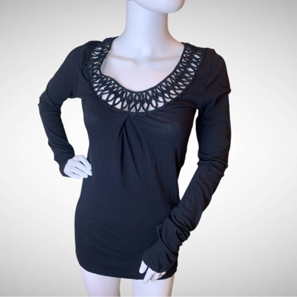 Velvet by Graham & Spencer Black Embellished Fitted Long Sleeve Top